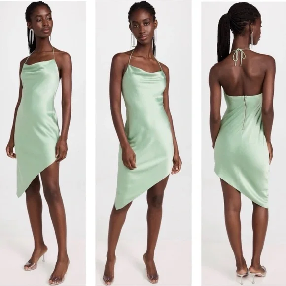 Alice + Olivia Harmony Drapey Asymmetrical Midi Cowl Slip Dress in Light Sage - Picture 15 of 15